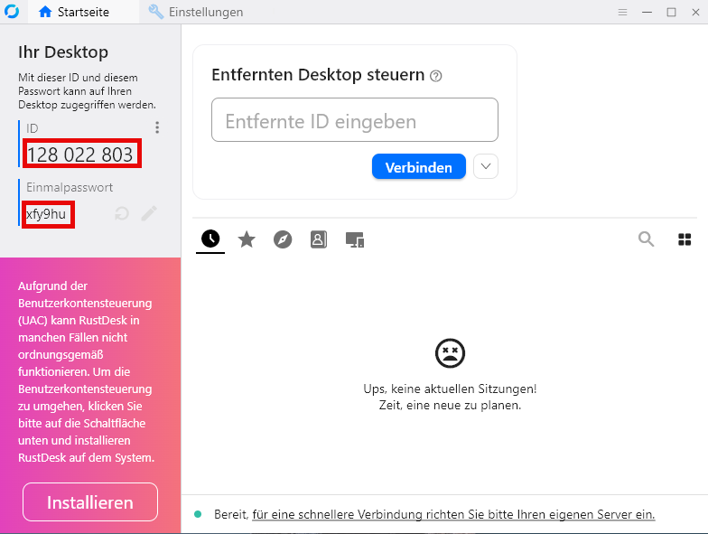 RustDesk-Fenster: ID und Einmalpasswort sind links rot markiert